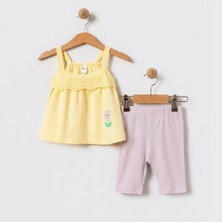 Kıpırık Baby Kız Bebek Çocuk Sarı Dantel Asesuarlı Tişört Taytlı Takım
