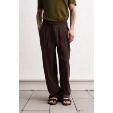 Giesto Dökümlü Kemer Detaylı Kahverengi Pantolon