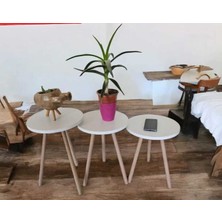 Hesa 3lü Yan Sehpa Zigon Sehpa Beyaz Desenli Ahşap Ayaklı