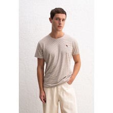 Nakış Detaylı Çizgili Kahverengi T-Shırt