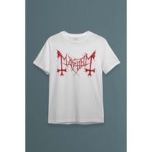 Beyaz Tişört Black Metal Mayhem Music Rock Pamuklu Unisex T-Shirt