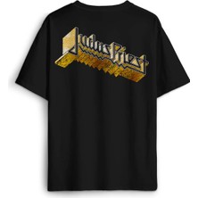 Siyah Oversize Tişört Tişört Judas Priest Heavy Metal Rock Müzik Sırt Ön Baskılı Unisex T-Shirt
