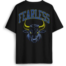 Fearless Boğa Bull 1907 Sarı Lacivert Korkusuz Yazı Baskılı Oversize T-Shirt Siyah Unisex Tişört