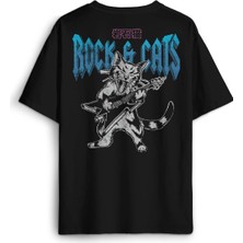 Unisex Pamuk Siyah Meowtallica Rock Cat Metallica Gitar Kedi Sırt Ön Baskılı Oversize Tişört