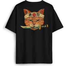 Siyah Unisex Cat Sushi Japanese Vintage Sokak Sırt Ön Baskılı Oversize Tişört