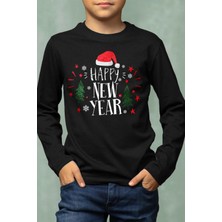 Yeni Yıl Uzun Kollu Çocuk Tişört Happy New Year 2025 Hediye Noel Yılbaşı Baskılı T-Shirt