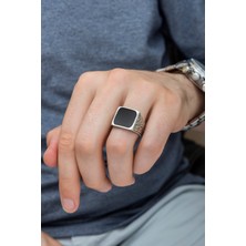 Yüzük Sanatı Kare Siyah Mineli Erzurum Işleme 925 Gümüş Erkek Yüzük