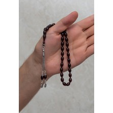 Yüzük Sanatı 925 Ayar Gümüş Püsküllü Bordo Kehribar Tesbih