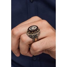 Yüzük Sanatı Ayyıldız Motif Siyah Taşlı 925 Gümüş Erkek Yüzük