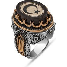 Yüzük Sanatı Ayyıldız Motif Siyah Taşlı 925 Gümüş Erkek Yüzük
