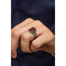 Yüzük Sanatı Kare Akik Taşlı Kazaz Örgü Motif 925 Gümüş Erkek Yüzük