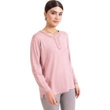 Mutlu City Yeni Sezon Kadın Orta Yaş ve Üzeri Uzun Kollu Yaka Desenli Likralı Anne Penye Bluz 6390