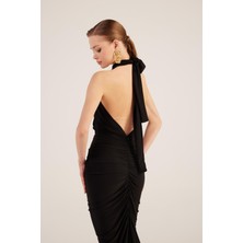 Holly Lolly Drape Detaylı Sırtı Açık Yırtmaçlı Uzun Marie Elbise Siyah