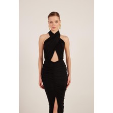 Holly Lolly Drape Detaylı Sırtı Açık Yırtmaçlı Uzun Marie Elbise Siyah
