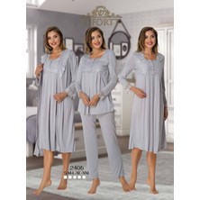 Effortt Kadın Uzun Kollu Pijama Takımı I Gecelik Sabahlık Lohusa Hamile 4'lü Set