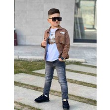 Poyraz Fashion Kids Erkek Çocuk Kot Pantalon Gabardin Zincir Detaylı Kot Ceket ve Tişört Takım Bayramlık Kombin