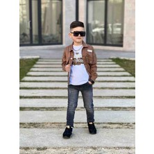 Poyraz Fashion Kids Erkek Çocuk Kot Pantalon Gabardin Zincir Detaylı Kot Ceket ve Tişört Takım Bayramlık Kombin