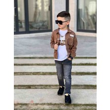 Poyraz Fashion Kids Erkek Çocuk Kot Pantalon Gabardin Zincir Detaylı Kot Ceket ve Tişört Takım Bayramlık Kombin