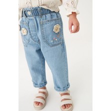 Kız Çocuk Denim Mavi Çiçek Nakışlı Kot Pantolon