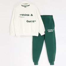 Slogan Baskılı Fırçalı Kumaş Yeşil Renk Kız Çocuk 2 Iplik Eşofman Takımı 001-0002028