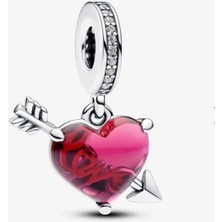Poseidons Jewellery Kırmızı Kalp ve Ok Murano Cam Sallantılı Charm