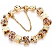 Kumi 14k Altın Kaplama Avusturya Kristali Kalp Detaylı Charmlı Kadın Bileklik