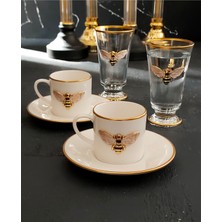 Regna Home Queen Bee 2 Kişilik Dekorlu Kahve Yanı Su Bardaklı Kadehli 6 Parça Kahve Fincan Takımı
