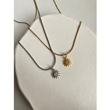 Arsaley Collection Gümüş Taşlı Güneş Charm Yılan Zincir 45 cm Çelik Kolye