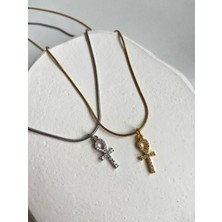 Arsaley Collection Taşlı Ank Charm Yılan Zincir 45 cm Altın Kaplama Gold Kolye