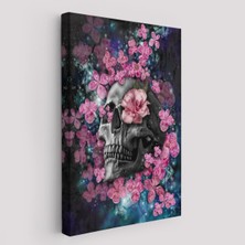 Iskelet Kafa ve Pembe Çiçekler Kanvas Tablo Duvar SANATI-5234