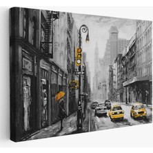 New York Sokakları ve Sarı Taksi Yağlıboya Görünüm Kanvas TABLO-3552