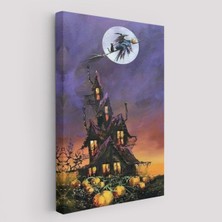 Süpürge ile Uçan Cadı ve Kedisi Cadılar Bayramı Helloven Duvar Tablosu -6078