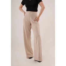 Defy Moda Bol Paça Yandan Fermuarlı Krem Kumaş Pantolon
