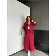 Qimene Kadın Beli Bağcıklı Iri Cepli Ceketli Uzun Etekli Ikili Takım