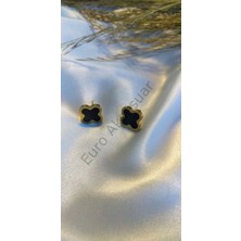 Stainles Steel Siyah Yonca Detaylı Çelik Küpe