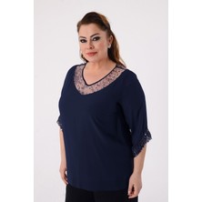 Lilas Xxl Lilas Büyük Beden Abiye Bluz Lacivert Renkli Şifon V Yaka Geniş Kesim Uzun Kol