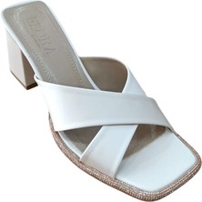 Bilener Flora 748 Kadın Taşlı Biyeli Kalın Topuklu Terlik Bej Saten