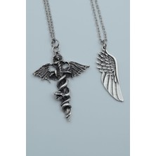 2'li Kılıç Yarasa Yılan Büyük Kanat Gümüş Kaplama Kolye Seti