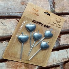 Oktay Sesal Vıp Silver Heart Happy Bırthday Candle 5 Adet Metalik Gümüş Kalpli Pasta Mumu Kalpli Doğum Günü Mumu