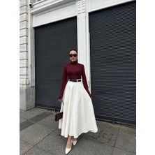 Hot Fashıon Kadın Kemerli Pamuk Gabardin Maxi Boy Etek