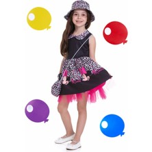 Kız Çocuk Bebe Yaka Çantalı Fuşya Siyah Renk Desenli Tarlatanlı Elbise Özel Gün