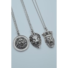 3'lü Aslan Kral Aslan Madalyon Taç Gümüş Kaplama Kolye Seti