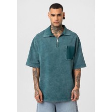 Yıkamalı Yarım Fermuar Cep Detaylı - T-Shirt - Yeşil