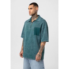 Yıkamalı Yarım Fermuar Cep Detaylı - T-Shirt - Yeşil