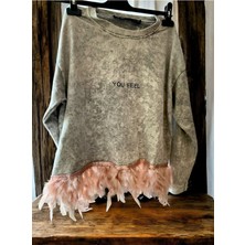 Yeni Sezon Kuş Tüyü Detaylı Slogan Yazılı Gri Melanj Renk Sweatshirt