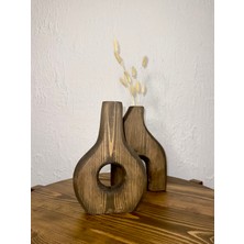 O&a Wood Doğal Ahşap Dekoratif Ikili Takım Biblo Vazo Ceviz