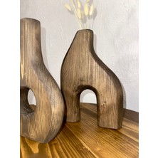 O&a Wood Doğal Ahşap Dekoratif Ikili Takım Biblo Vazo Ceviz