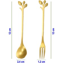 Yaprak Tasarımlı Gold Renk Paslanmaz Çelik Kaşık ve Çatal + Saklama Kutusu