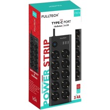 Type-C Port Girişli Akım Korumalı 10'lu Priz, 3 Usb, 1 Type-C Giriş, Isıya Dayanıklı, Grup Priz, Çoklu Uzatma Kablo (Siyah)