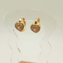 Glowy Aksesuar Pembe Taşlı Kalp Halka Çelik Küpe Gold